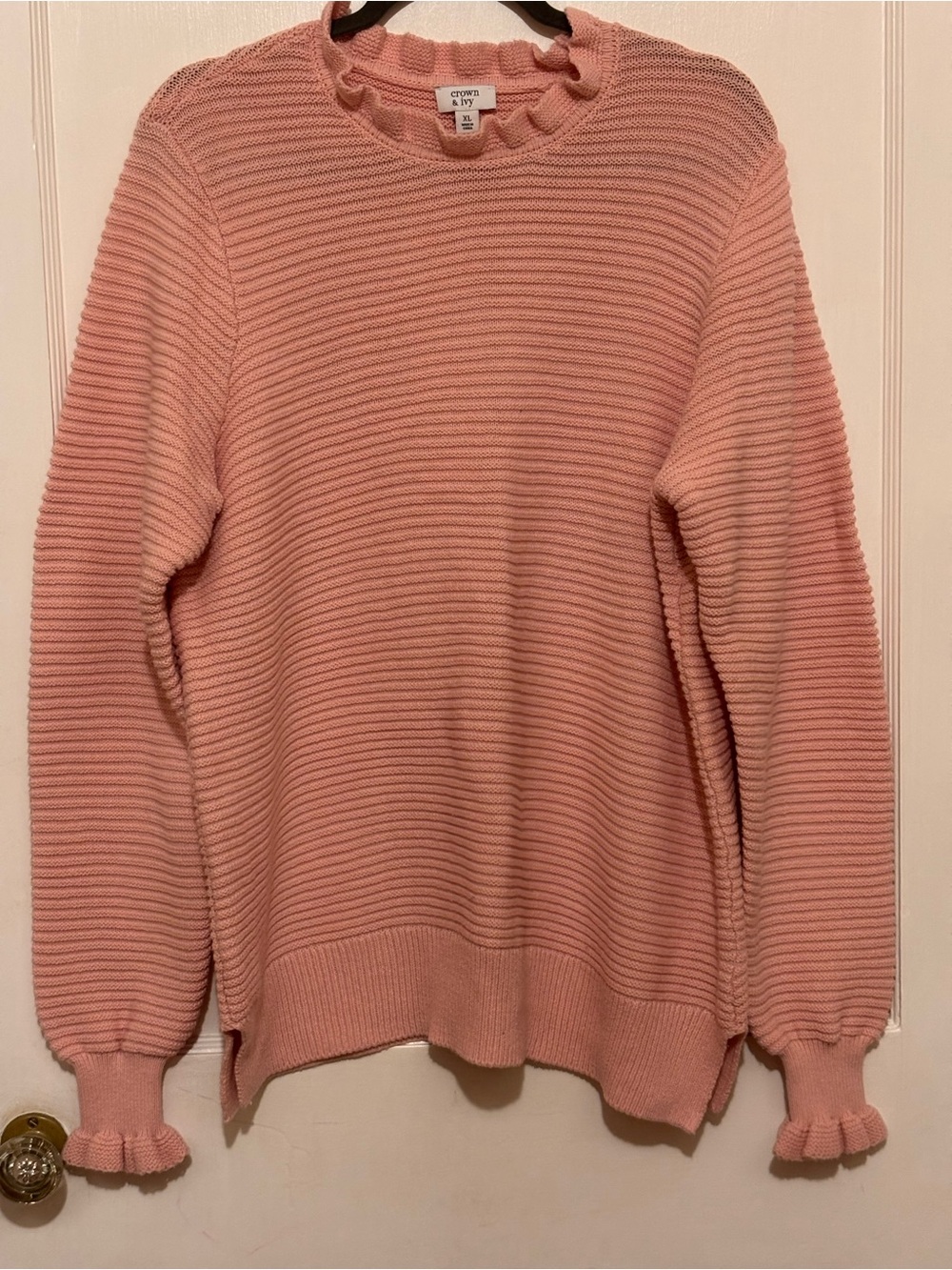 crown & ivy Dusty Pink Ribbed Crewneck Sweater with Ruffle Trim